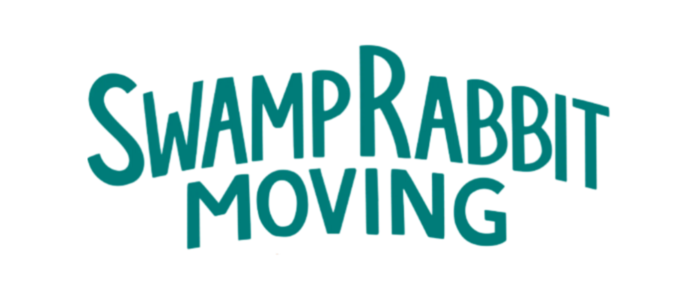Illustrated text reading 'Swamp Rabbit Moving' in teal font with a playful, irregular design on a white background.