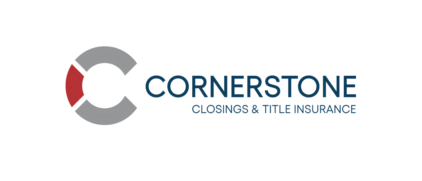 Logo for Cornerstone Closings & Title Insurance featuring a stylized circular graphic with red, gray, and white segments next to the company name in blue text.