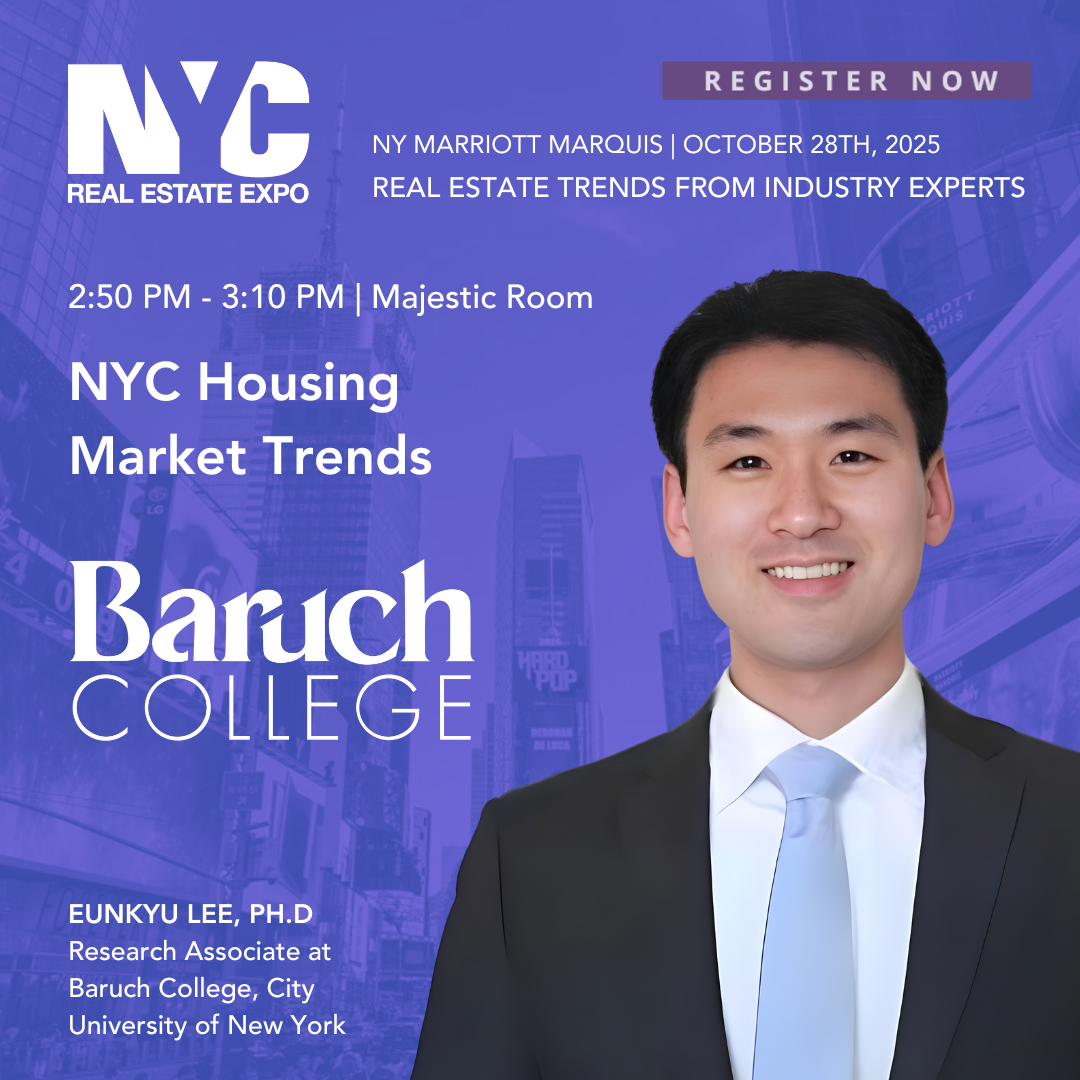 Event poster for the NYC Real Estate Expo featuring a speaker from Baruch College, with event details and date, set against a cityscape background.