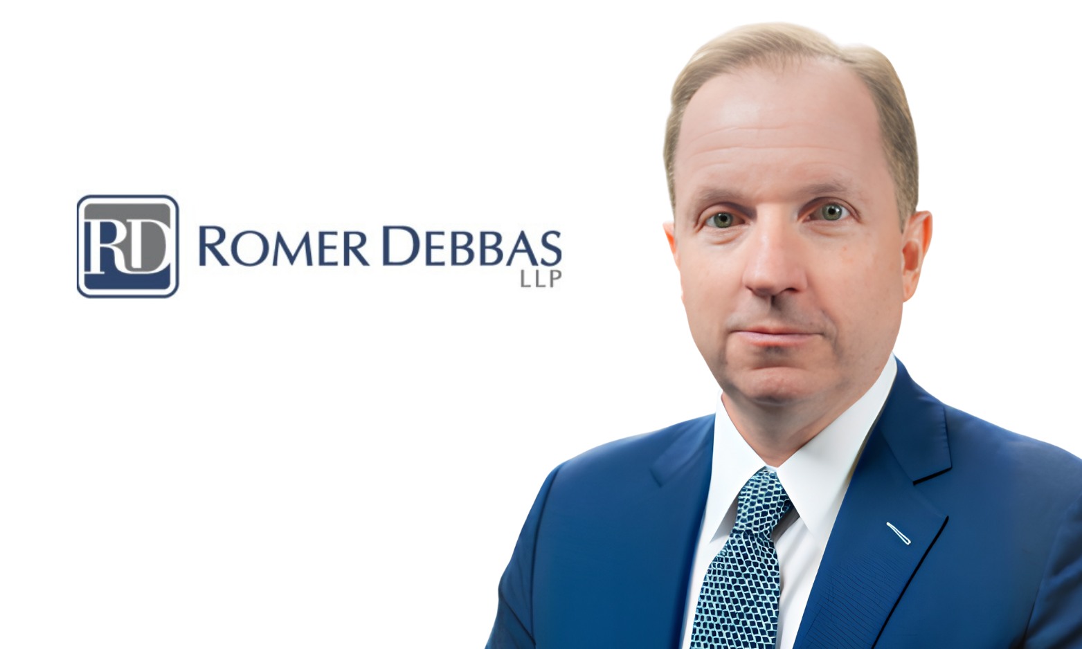 Professional headshot of a man in a blue suit and patterned tie beside the logo of Romer Debbas LLP.
