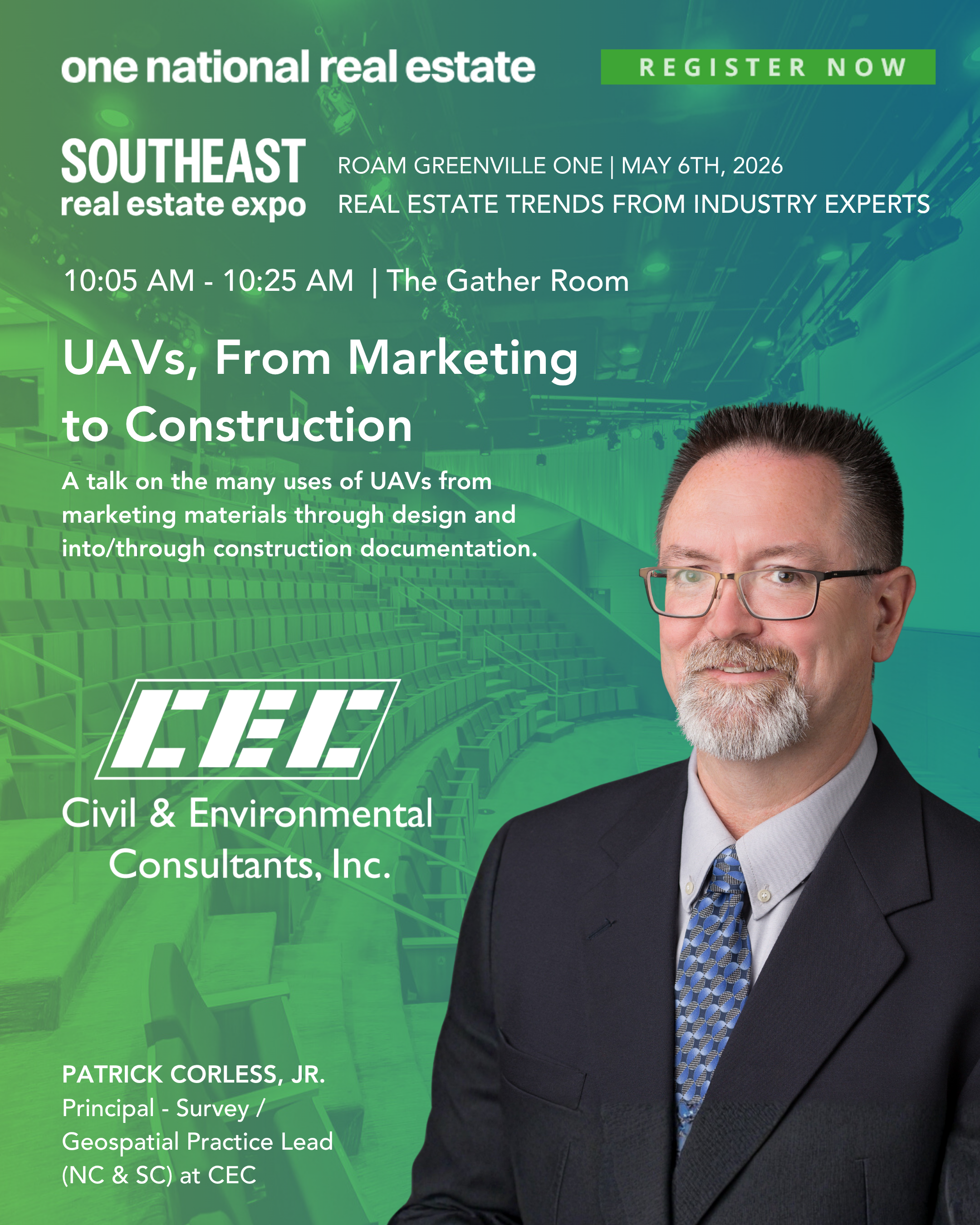 Poster for Southeast real estate expo with green background, event details, and a man in a suit and glasses.