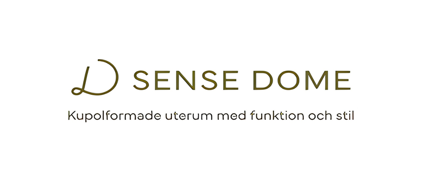 Logo for Sense Dome with Swedish text indicating handmade shower rooms with function and style, featuring a large stylized 'D' and mixed font styles.