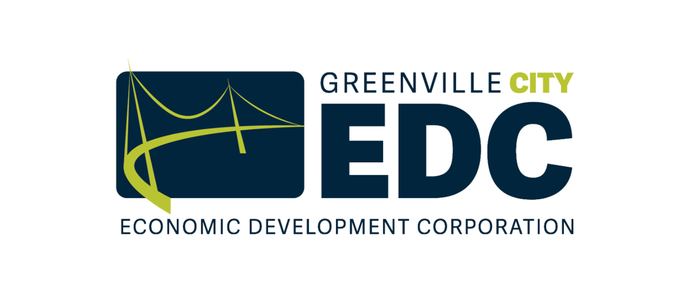 Logo of Greenville City EDC with a stylized bridge graphic and text indicating Greenville City Economic Development Corporation