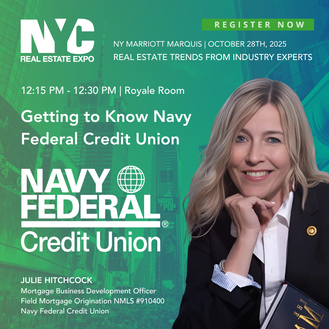 Event poster for NYC Real Estate Expo featuring a woman with blonde hair wearing a navy blazer and white blouse, with text about a session on Navy Federal Credit Union.