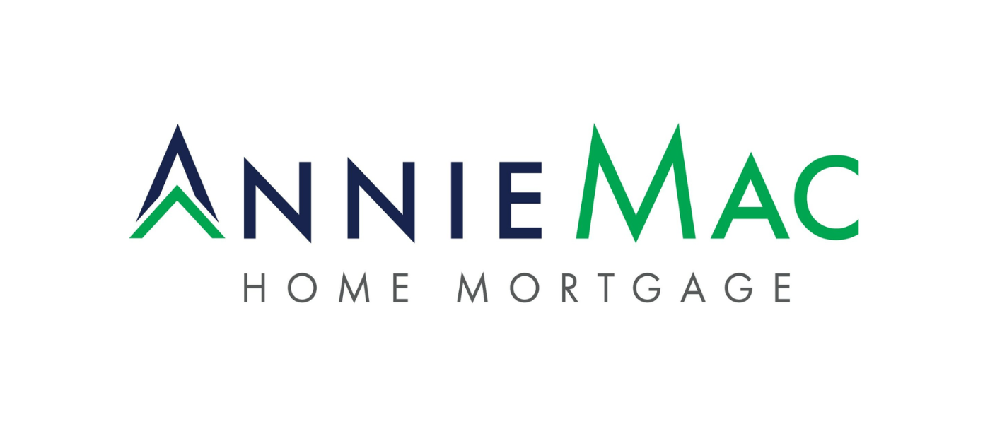 Logo for Annie Mac Home Mortgage featuring the company name with a stylized roof icon in blue and green above the text.