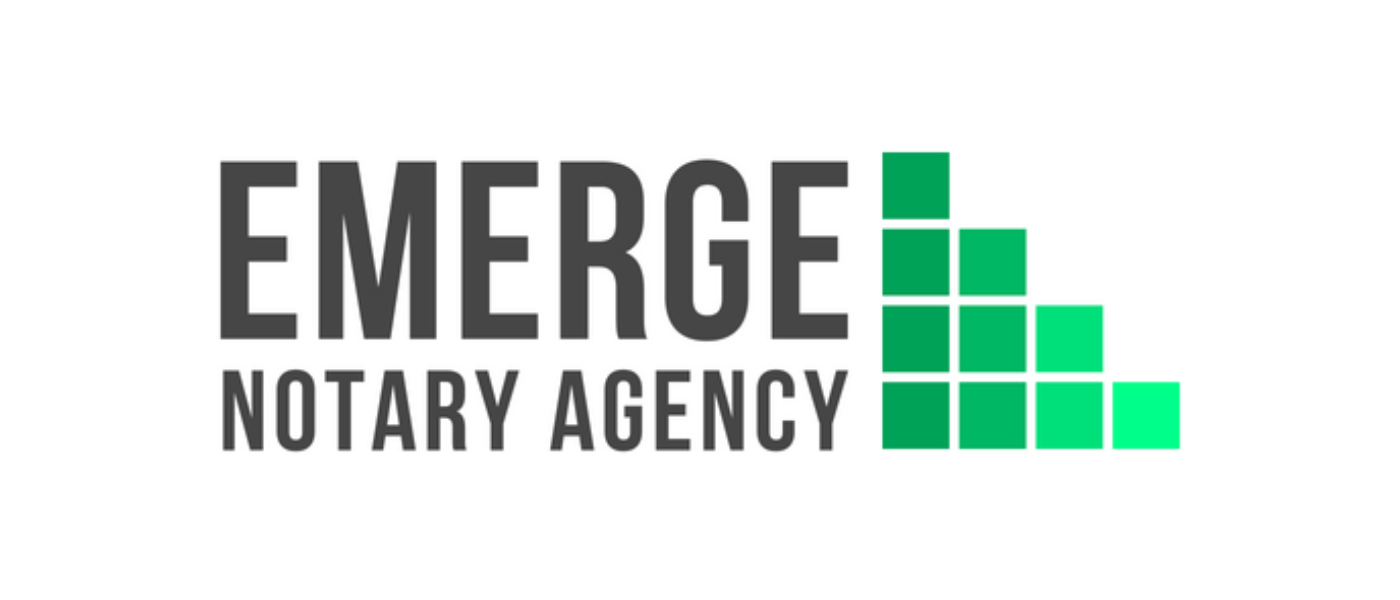 Logo for Emerge Notary Agency with black text and green square graphic.