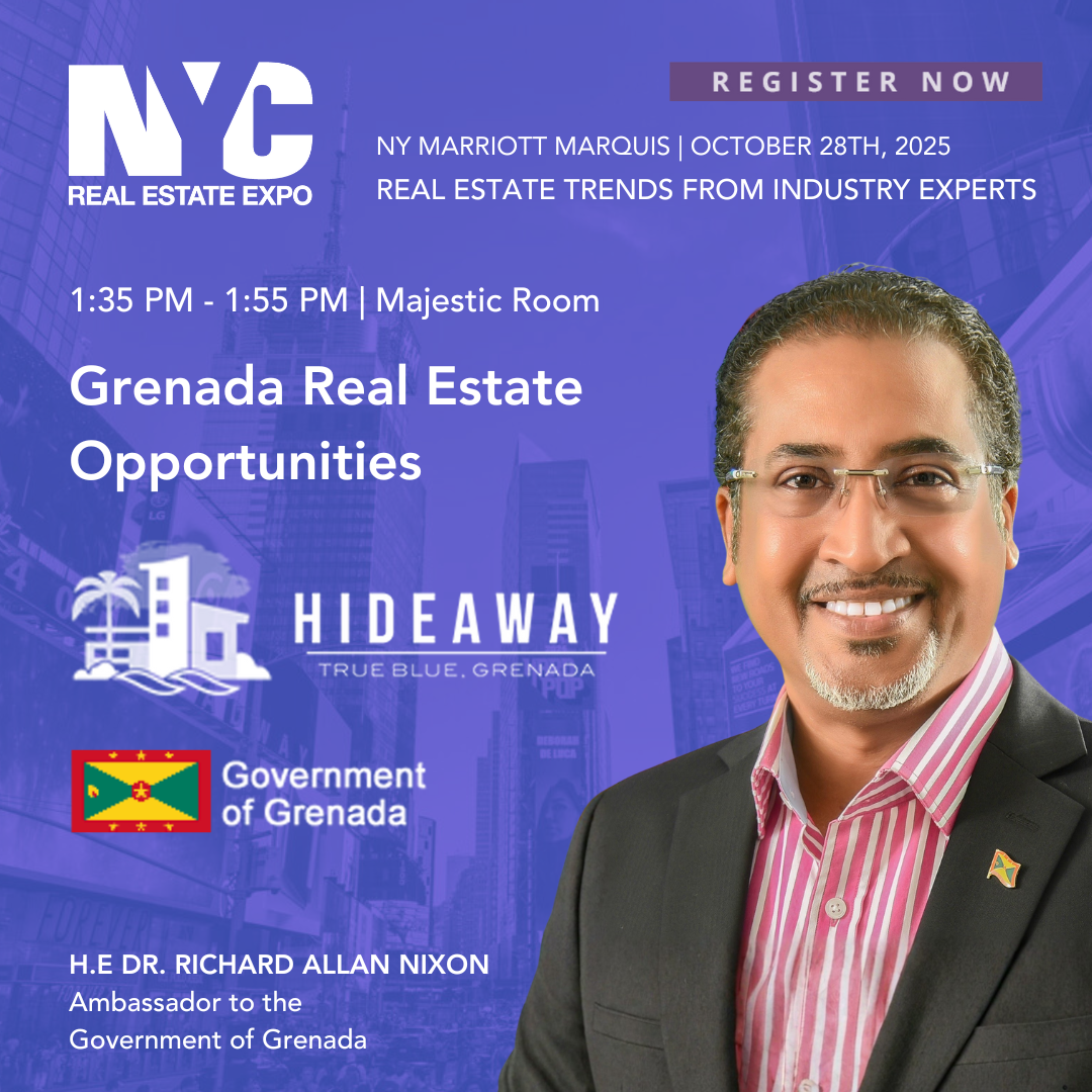 Promotional poster for the NYC Real Estate Expo featuring a speaker, H.E Dr. Richard Allan Nixon, ambassador to the Government of Grenada. The event is on October 28th, 2025 at the NY Marriott Marquis, in the Majestic Room from 1:35 PM to 1:55 PM. Th
