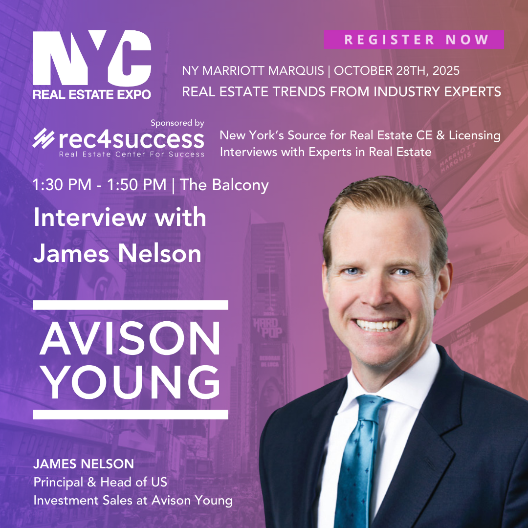 Event flyer for NYC Real Estate Expo on October 28th, 2025, featuring an interview with James Nelson, Principal & Head of US Investment Sales at Avison Young, scheduled from 1:30 PM to 1:50 PM at The Balcony. The flyer has a purple background with ci