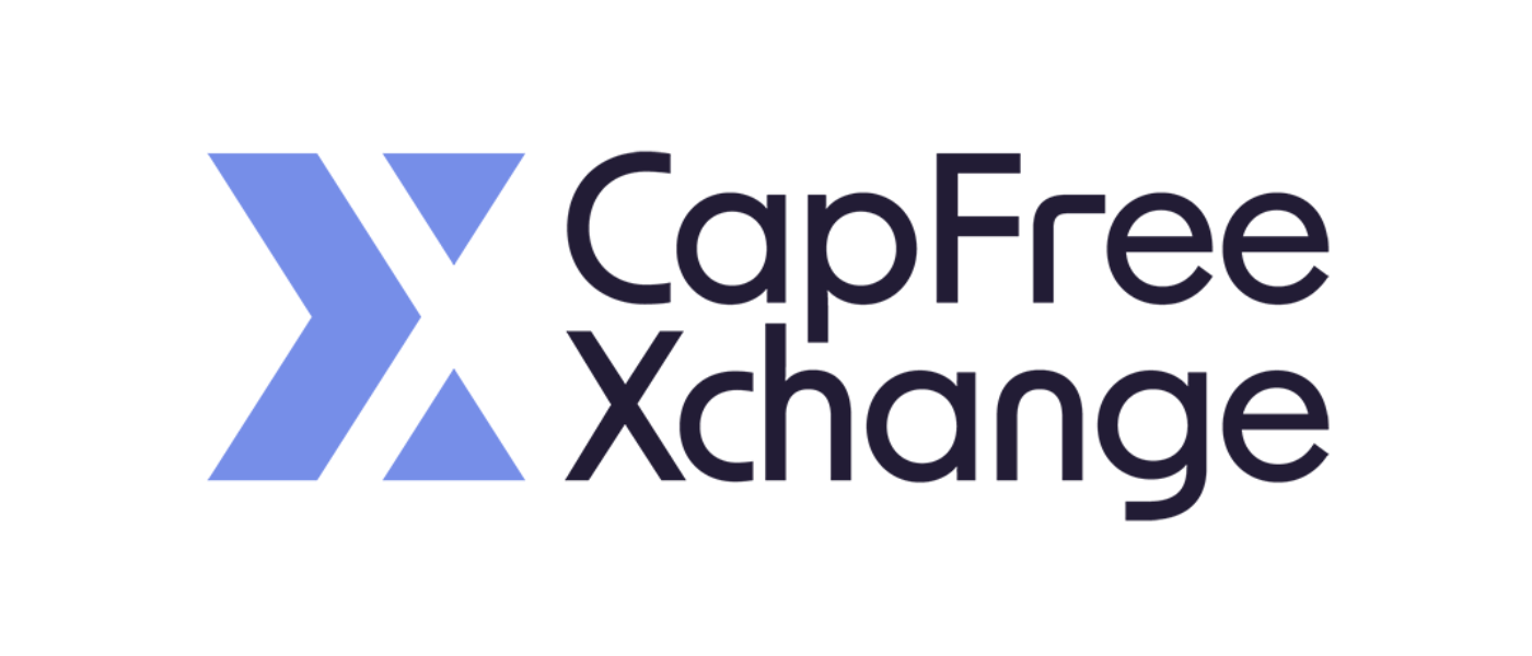 CapFree Exchange logo with blue and black text and a stylized blue and black arrow design.
