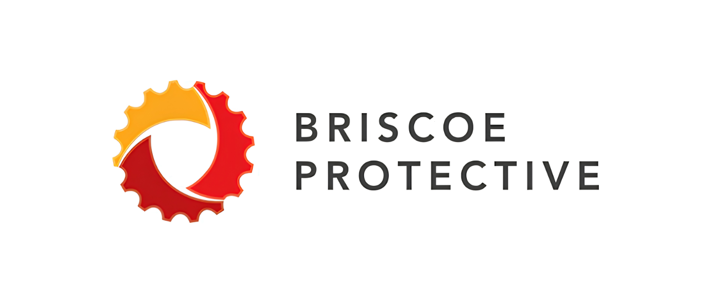 Logo for Briscoe Protective, featuring interlocking orange and red gear symbols with the company name to the right in black text.