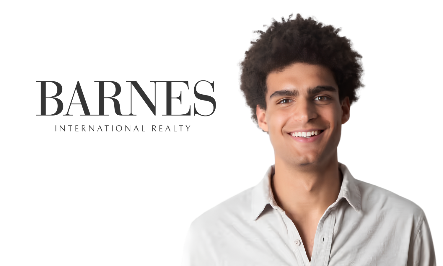 Smiling young man with curly hair next to Barnes International Realty logo on a white background.