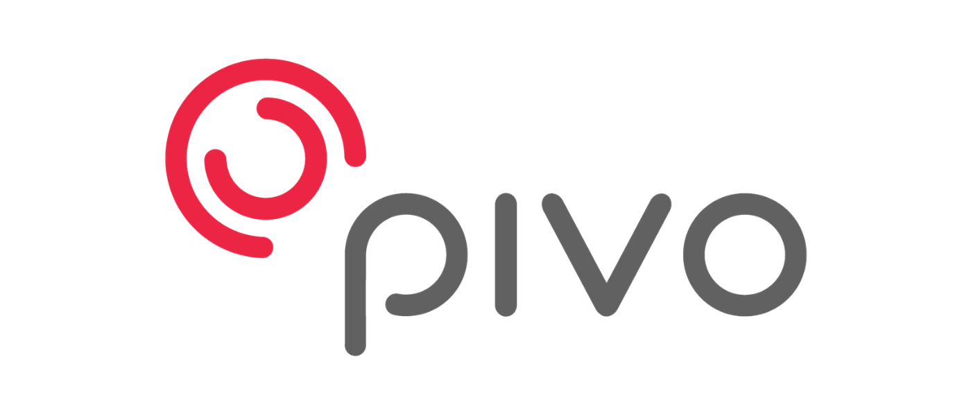 Pivo logo with red circular swirl icon and gray lowercase text "pivo"