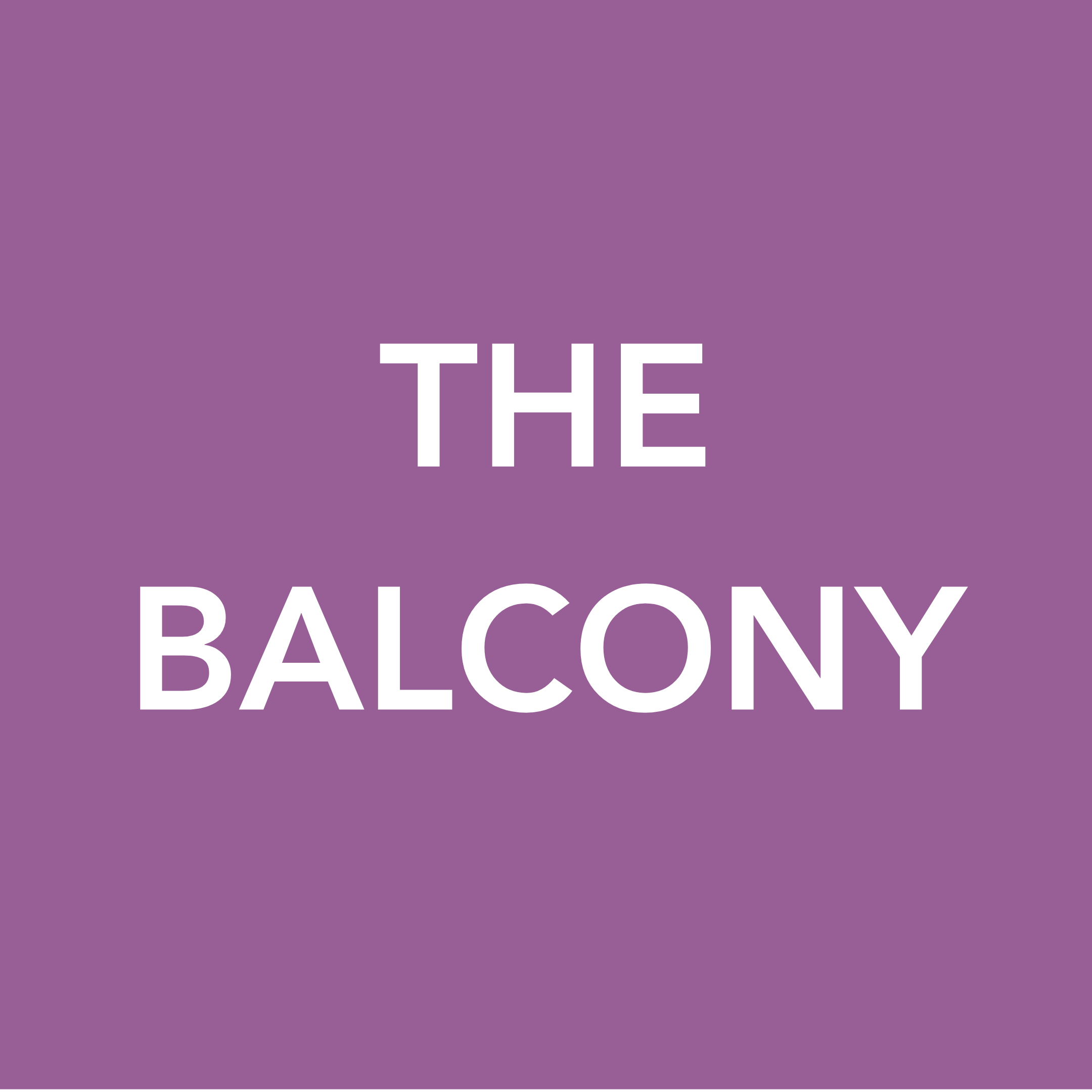 Purple background with white text that reads "THE BALCONY".