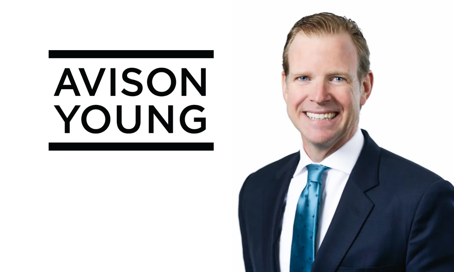 A professional headshot of a smiling man in a navy suit, white shirt, and turquoise tie, with text that reads 'Avision Young' in bold black letters on a white background.