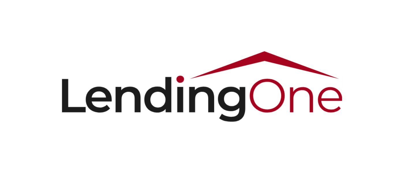 LendingOne logo with black and red text and a stylized roof above the letter 'O'