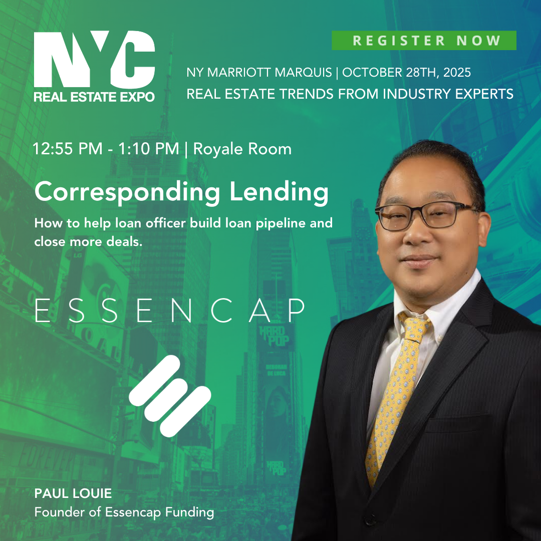 Promotional poster for NYC Real Estate Expo featuring speaker Paul Louie, founder of Essencap Funding. Event details include date October 28th, 2025, time 12:55 PM to 1:10 PM, location Royale Room, with a focus on corresponding lending and building l