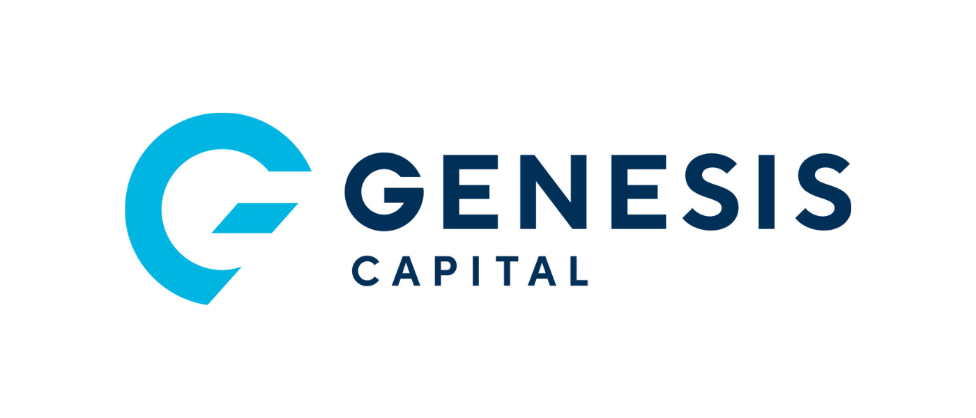 Genesis Capital logo featuring a blue circular arrow symbol and dark blue text.