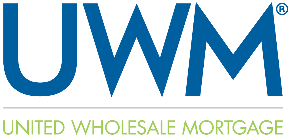 Logo of United Wholesale Mortgage (UWM) with large blue letters 'UWM' and green text below reading 'United Wholesale Mortgage'.