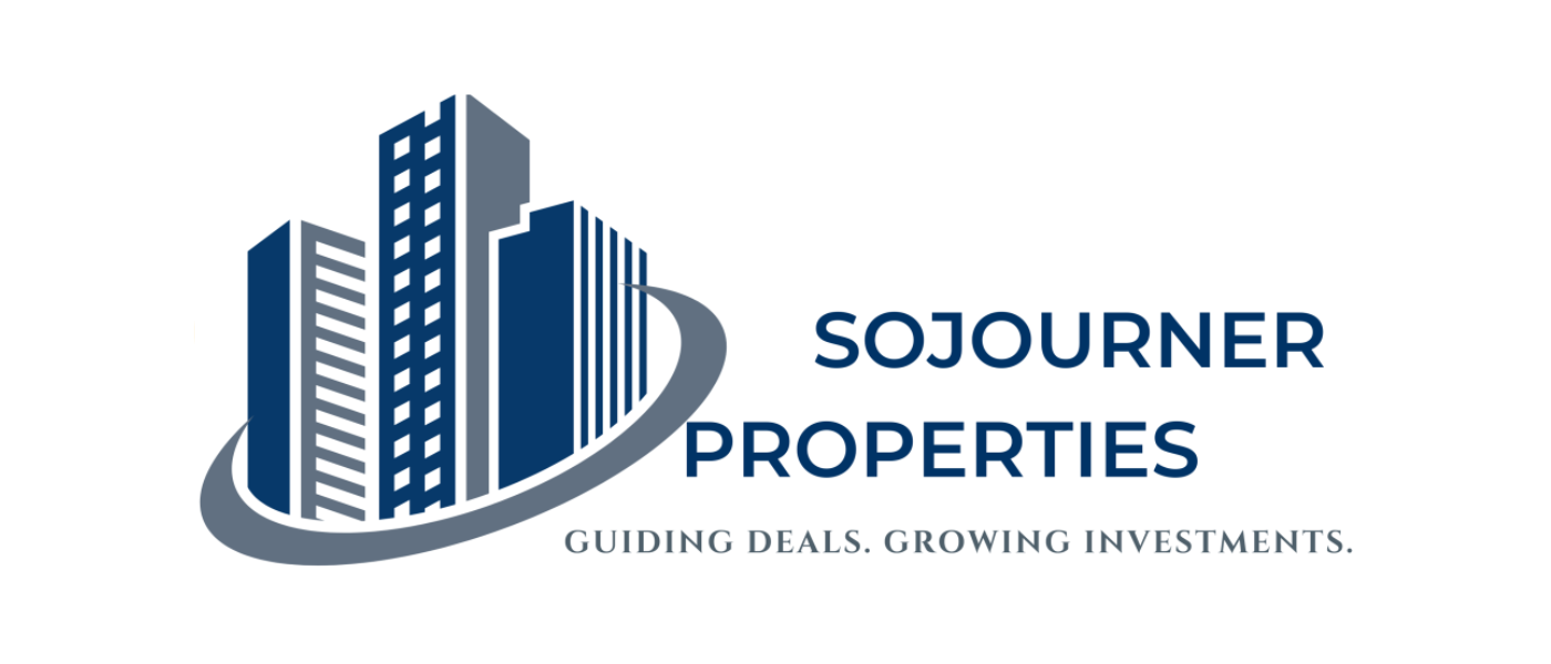 Logo of Sojourner Properties featuring tall blue and gray skyscrapers with a swoosh around them and the tagline 'Guiding Deals. Growing Investments.'