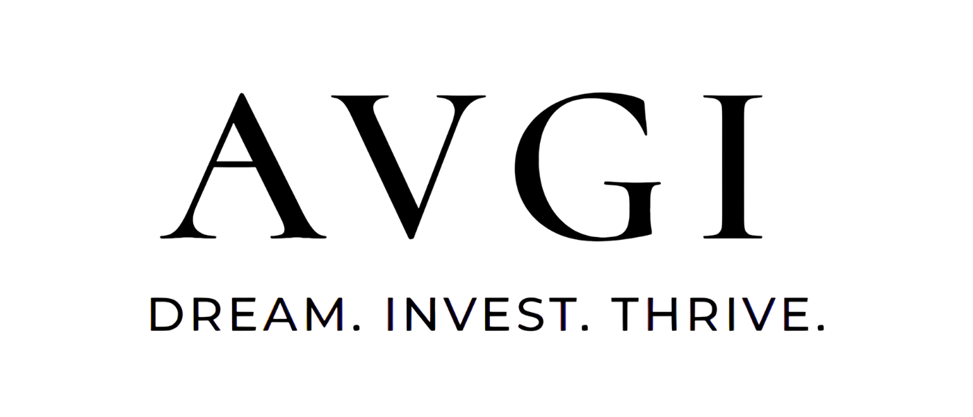 Logo with large text 'AVGI' and smaller tagline 'DREAM. INVEST. THRIVE.' underneath, all in black font on a white background.