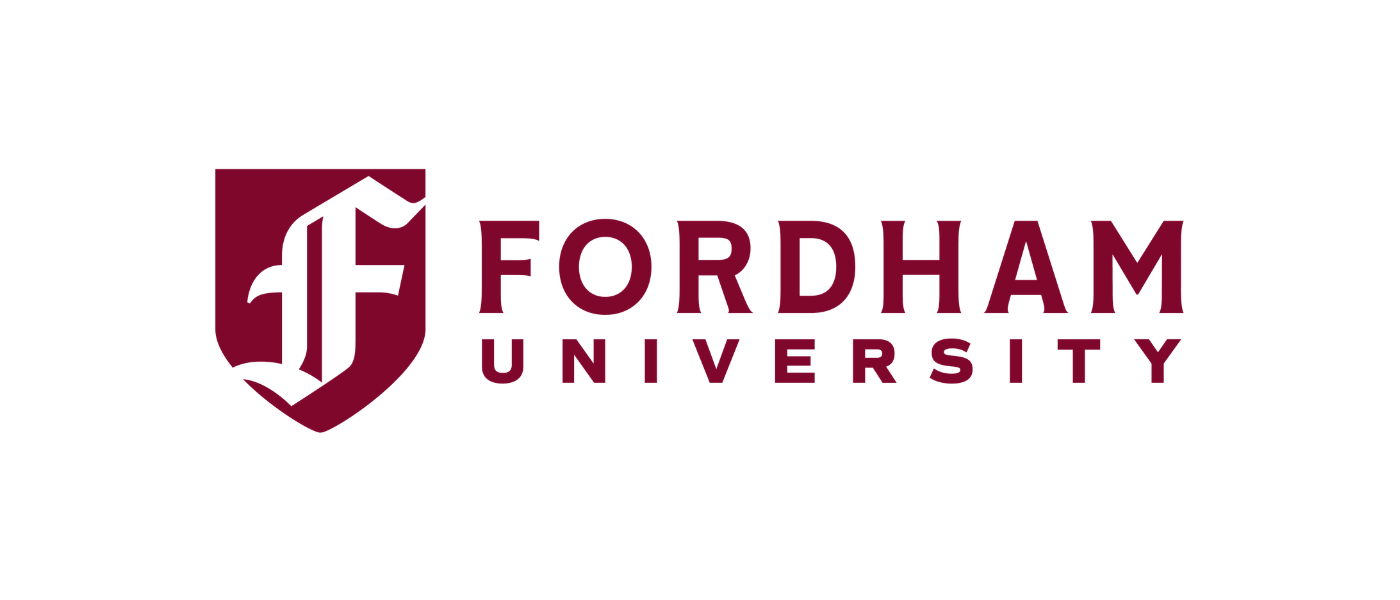 Fordham University logo with a maroon shield and white initials, and the university name in maroon text.