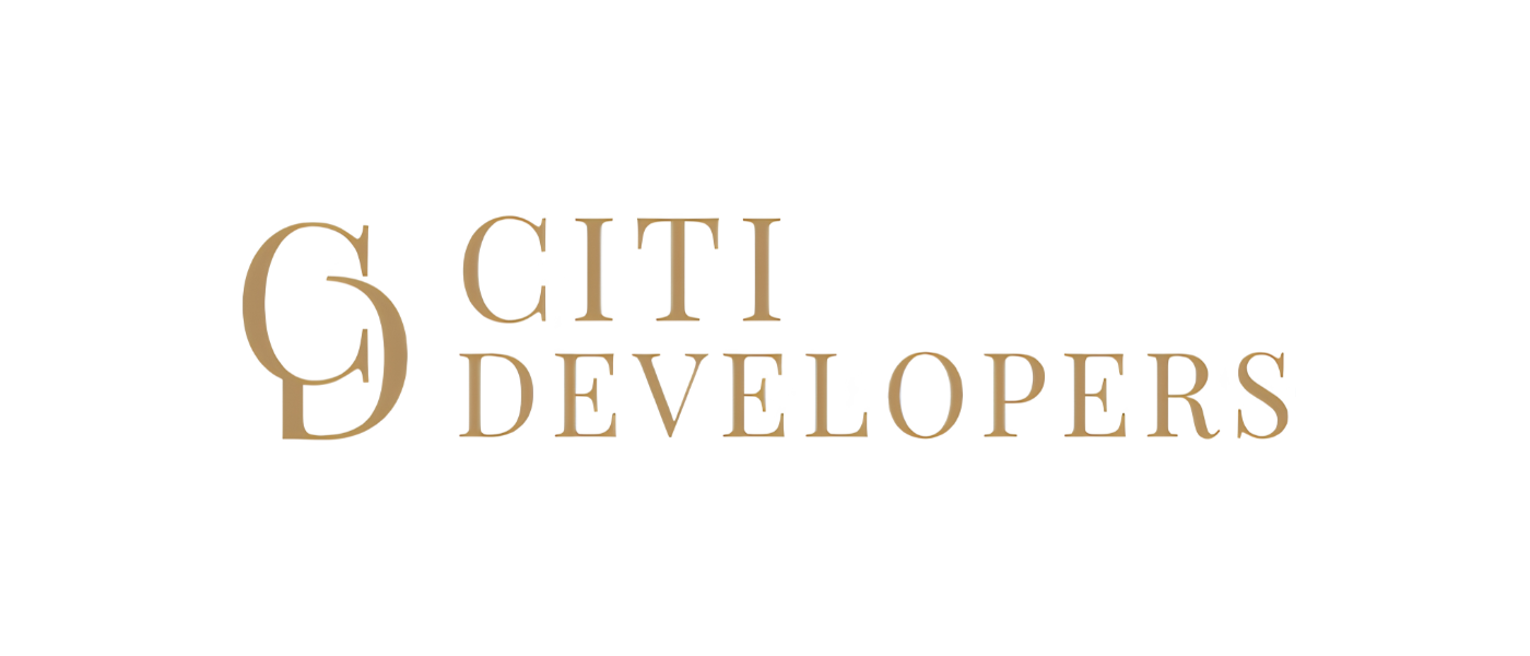 Logo for City Developers with stylized city skyline icon and text in gold.