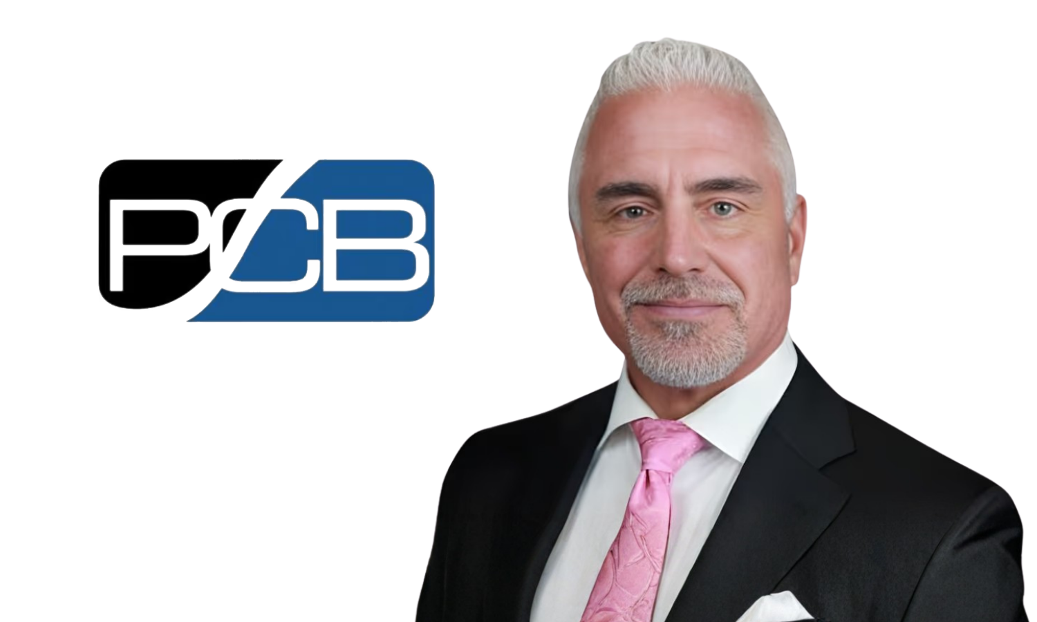 A professionally dressed man with white hair and a beard, wearing a black suit, white shirt, and pink tie, standing next to a logo that reads "PJC" in black and blue, against a white background.