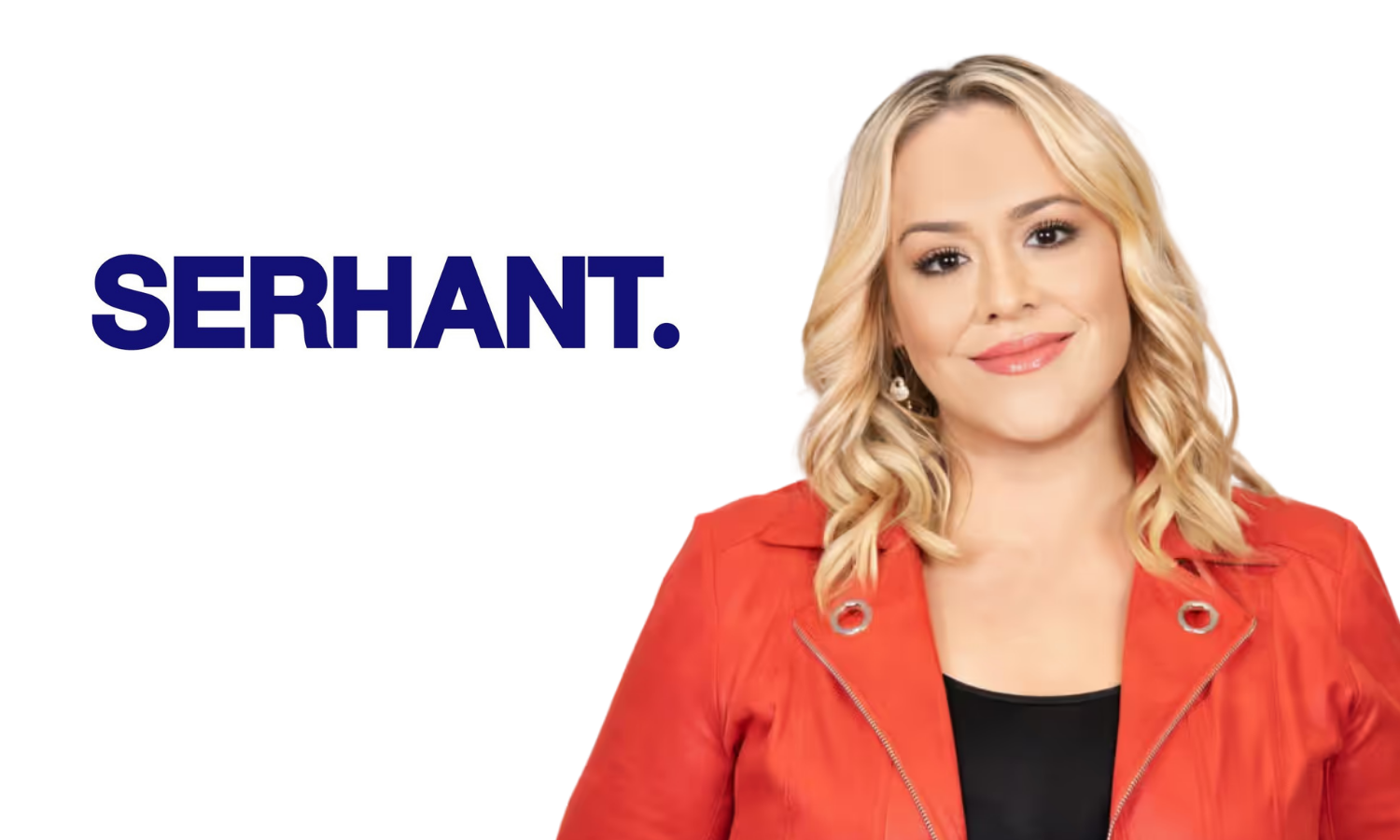 A woman with blonde hair wearing a red jacket and black top, smiling, with the word 'SERHANT.' in bold blue letters on a white background.