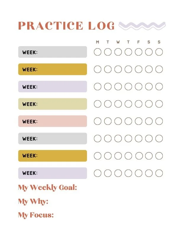 A practice log chart with rows labeled 'WEEK:' and circles for each day of the week from Monday to Sunday, in various colored sections, and areas labeled for weekly goal, reason, and focus.