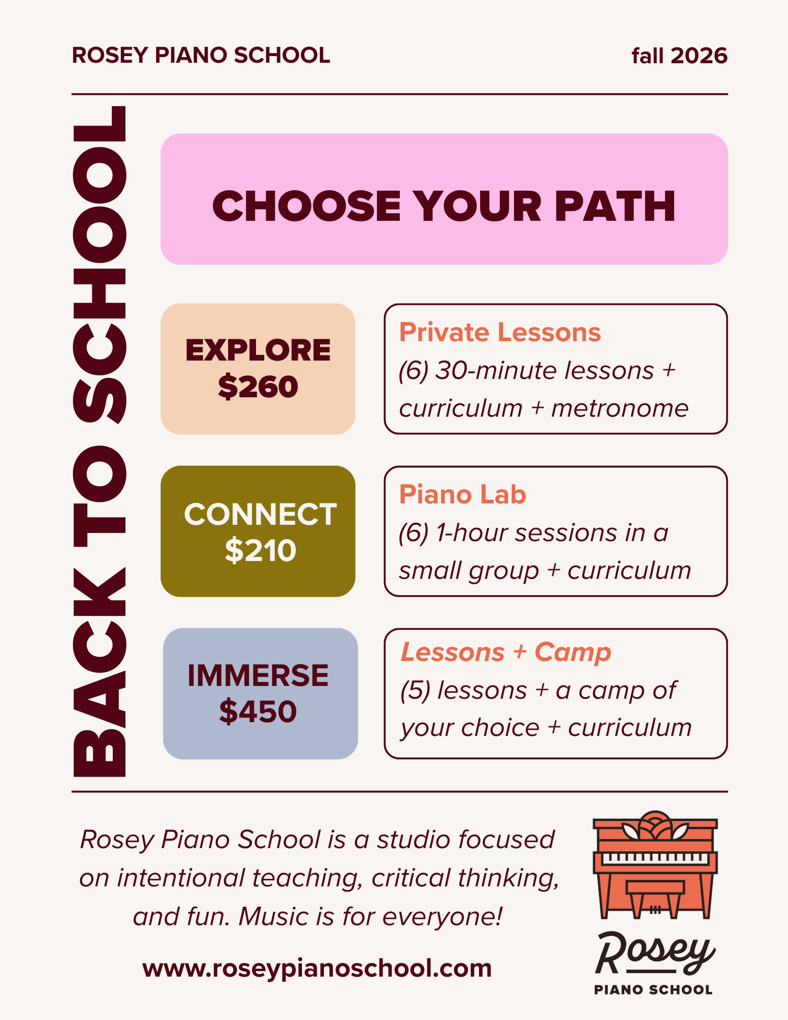 Flyer for Rosey Piano School with options for fall 2026 classes, including private lessons, piano lab, and immersion, with pricing and descriptions, and a brief paragraph about the school.