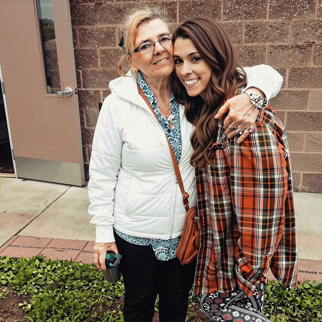 April and her mom embracing outdoors in front of a brick wall, one older with blonde hair and glasses wearing a white jacket, the other younger with long brown hair in plaid shirt, both smiling.