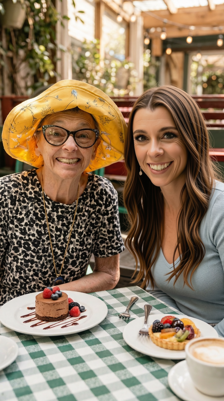 A cheerful elderly woman with glasses and a wide-brimmed yellow hat sitting at an outdoor cafe table with a young woman. The table has a chocolate dessert topped with berries, a fruit tart, and a cup of coffee. They are smiling and enjoying their time together.