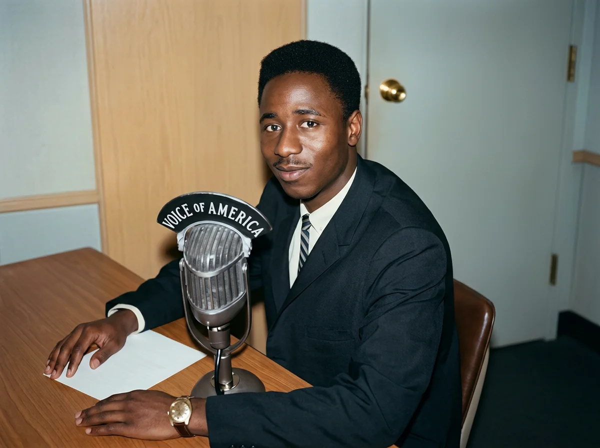 Man in a suit sitting at a radio station desk with a microphone labeled 'Voice of America'