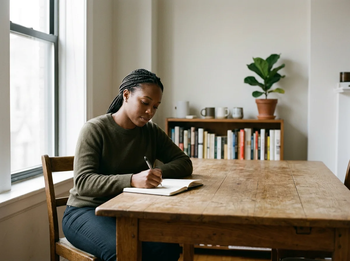 A woman sitting at a wooden table near a window, writing in a notebook with a pen. In the background, there is a bookshelf with books and a potted plant.