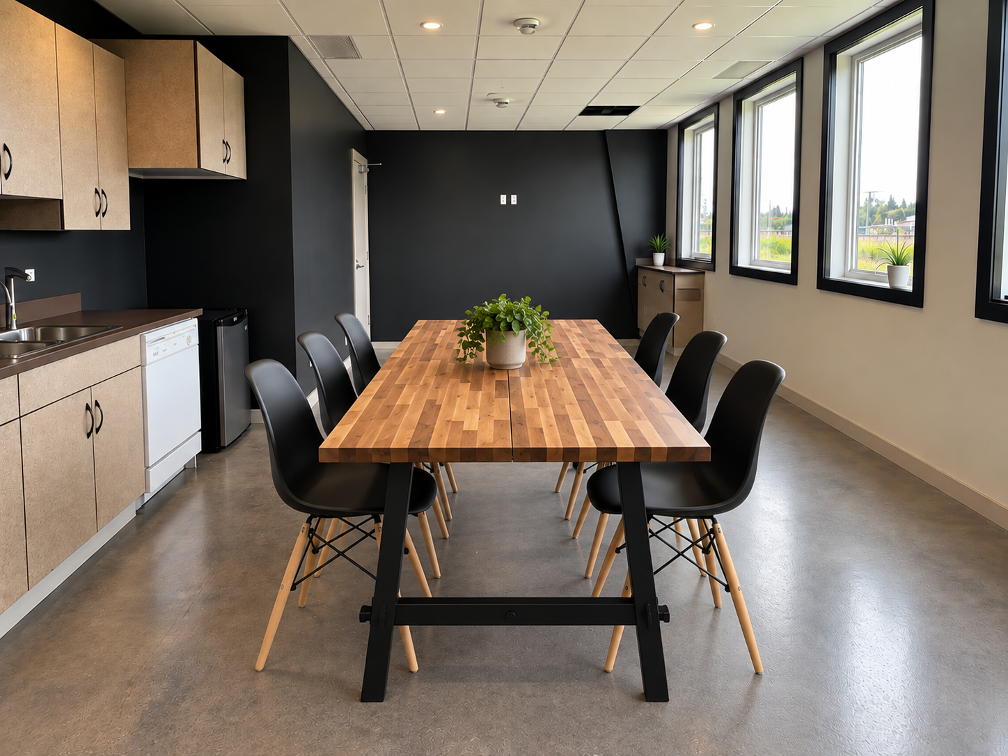 Share Lunchroom with a large wooden table, black chairs, and a green potted plant in the center. To the left, kitchen area with cabinets, a sink, and appliances. Natural light from windows on the right, with small potted plants on the window sills.