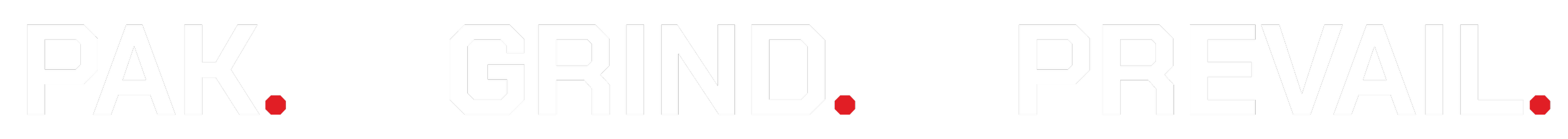 Text image with the words 'PAK.', 'GRIND.', and 'PREVAIL.' each separated by a red dot.