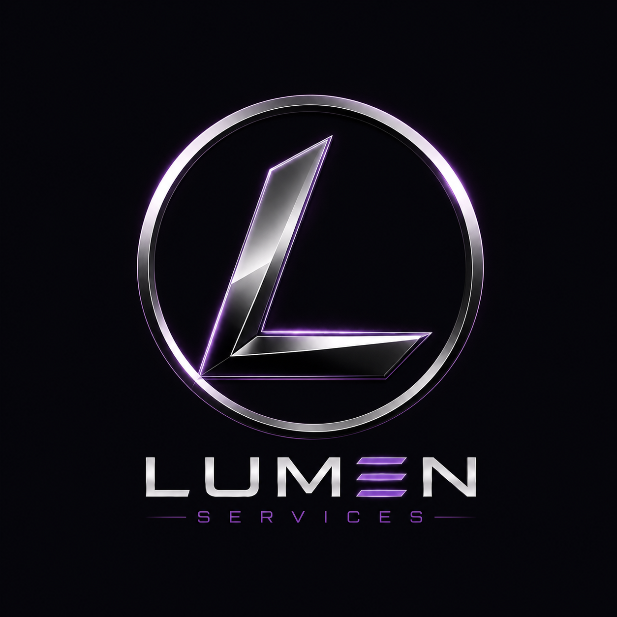 A glowing, metallic letter L inside a circle with a neon purple outline, with the text 'LUMEN SERVICES' in silver and purple below.
