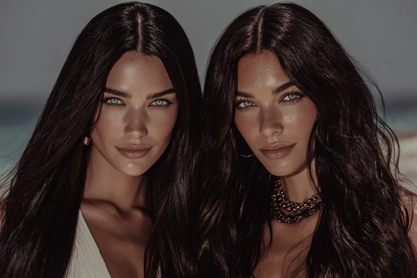 Two women with long dark hair and light-colored eyes posing closely together against a blurred background.