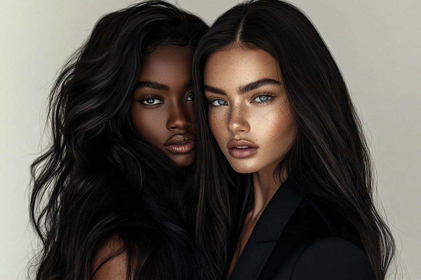 Close-up portrait of two women with long dark hair, one with dark skin and the other with light skin and freckles, both looking directly at the camera against a neutral background.