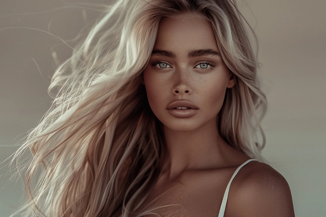A woman with long, flowing blonde hair, blue eyes, and light skin with freckles, wearing a white spaghetti strap top.