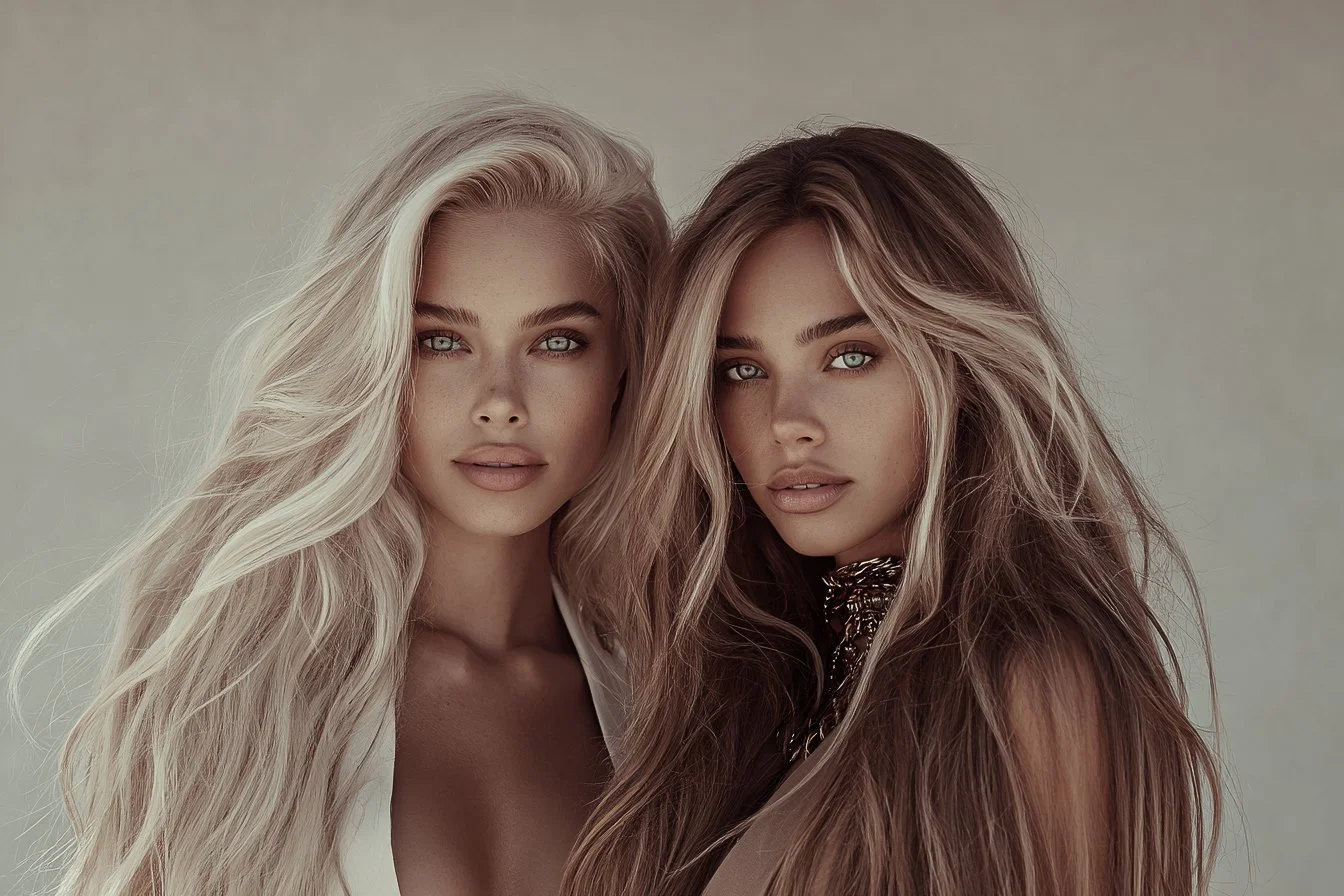 Two women with styled hair and makeup posing closely together against a neutral background.