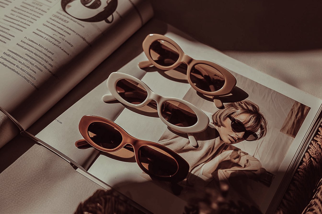 Three pairs of sunglasses placed on an open magazine with a photo of a woman wearing sunglasses.