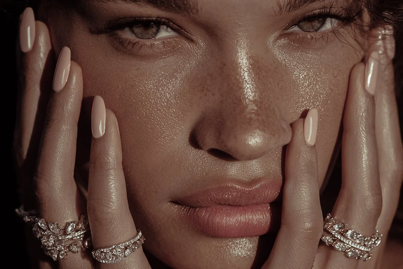 Close-up of a woman with light makeup, touching her face with fingers adorned with sparkling rings, looking directly at the camera.