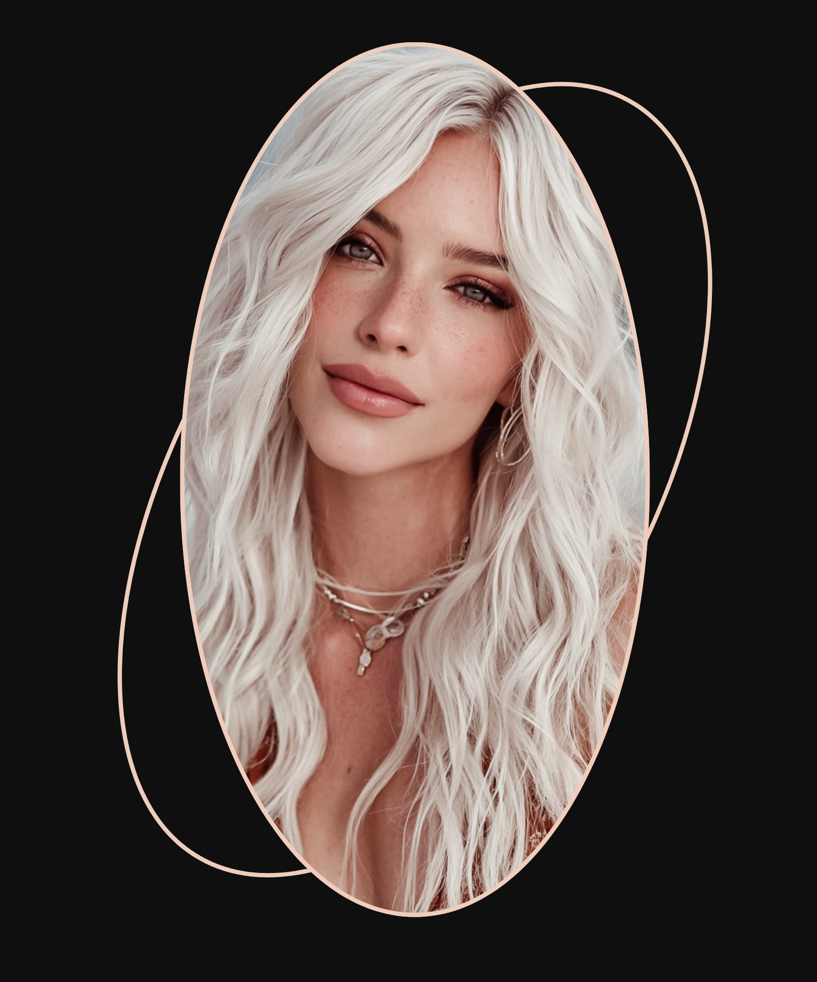 Close-up portrait of a woman with long, wavy platinum blonde hair, wearing makeup and jewelry, against a black background with abstract oval outlines.