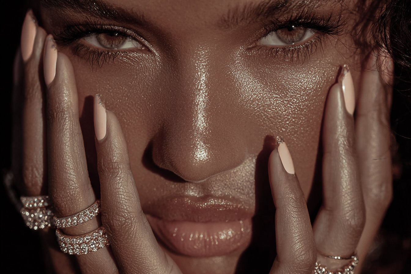 Close-up of a woman with hands framing her face, wearing multiple rings, with glossy lips and eye makeup.
