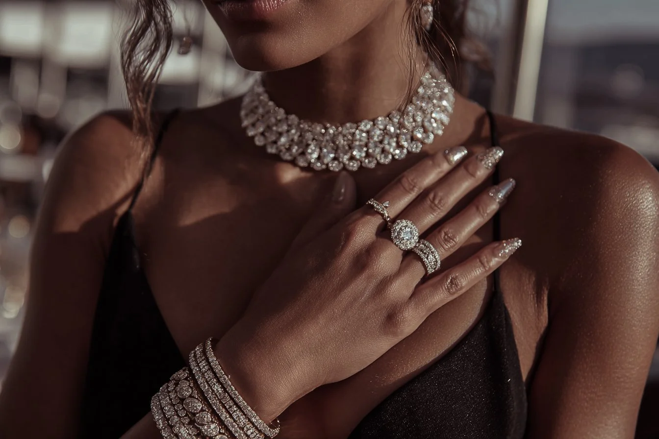 A woman wearing a diamond necklace, rings, bracelets, and having intricately decorated nails.