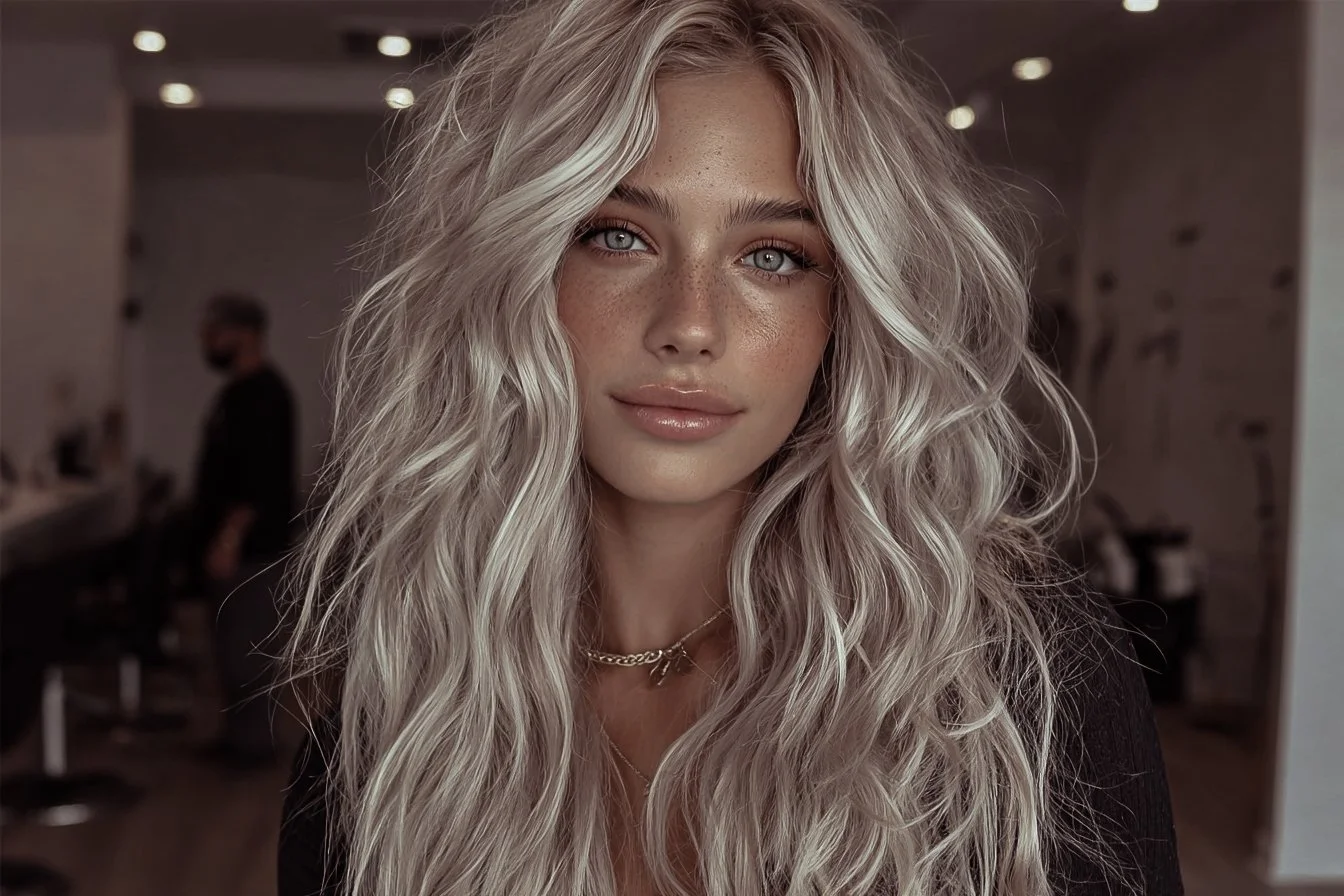 Close-up of a young woman with long, wavy platinum blonde hair and blue eyes, looking directly at the camera with a subtle smile.