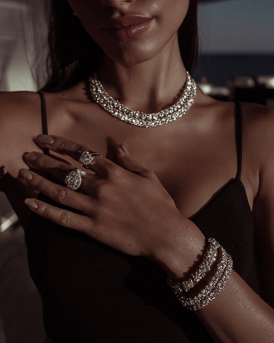 Close-up of a woman wearing a diamond necklace, bracelet, rings, and a black spaghetti strap dress, with her hand on her chest.