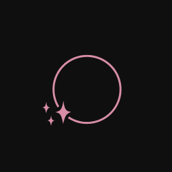 A minimalistic design featuring a pink circle with three small pink stars around it on a black background.