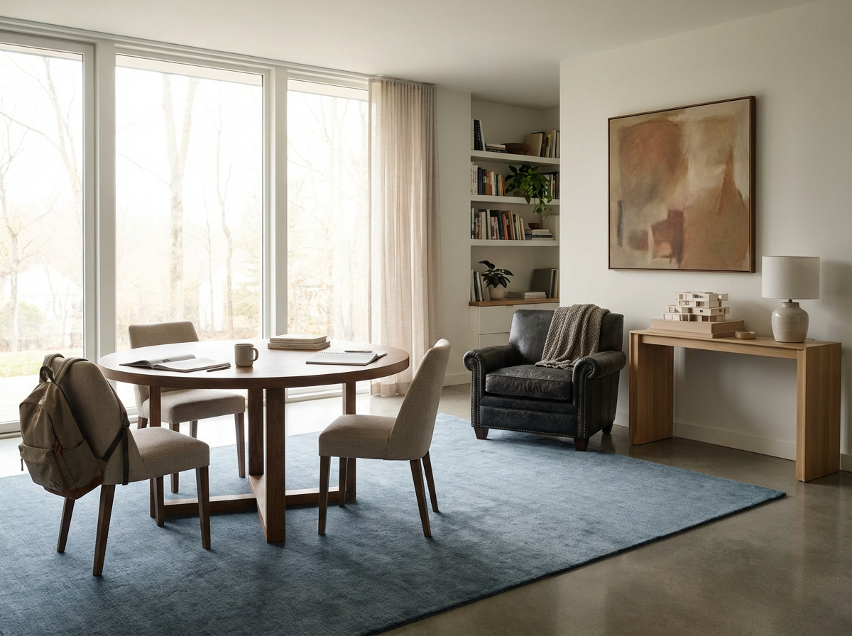 A bright living room with a round wooden dining table, four beige chairs, and a backpack hanging on one of the chairs. There's a large window with curtains, a shelf with books and a potted plant, a black leather armchair with a blanket, a wooden console table with a lamp, and abstract artwork on the wall. A blue rug covers part of the gray floor.